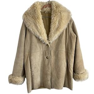 Vintage Penny Lane Wilsons Tan‎ Suede Leather Faux Fur Collar Jacket Coat Sz L